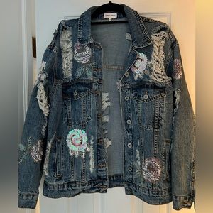 Sunset + Spring Distressed Embellished Denim Jacket